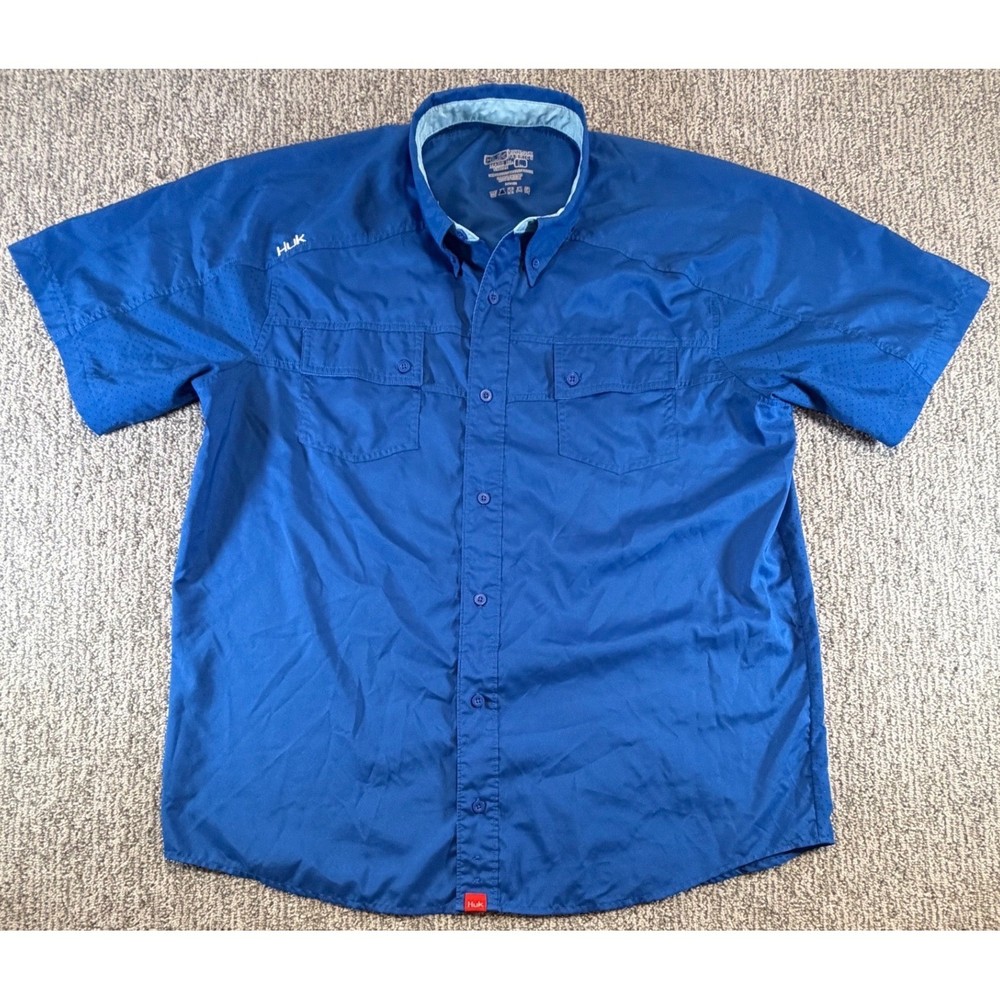 Huk Fishing Shirt Mens Large Blue Short Sleeve Button Down Performance Mesh Vent