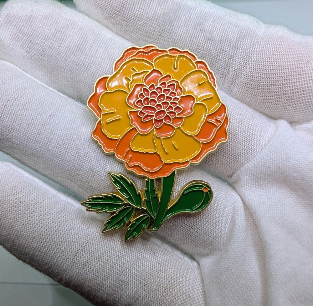 Vintage Orange Marigold Flower Enamel Lapel Pin Gold Tone