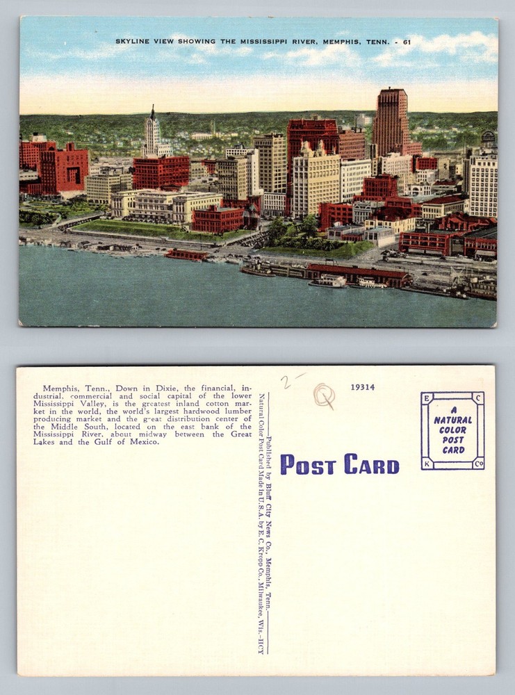 Memphis, TN-Tennessee, Skyline and Mississippi River Waterfront Vintage Postcard