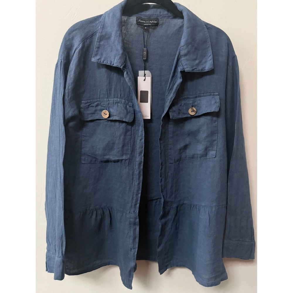 NWT Flora Ashley Womens Linen Shirt Jacket Blue Italy Size S Open Minimalist
