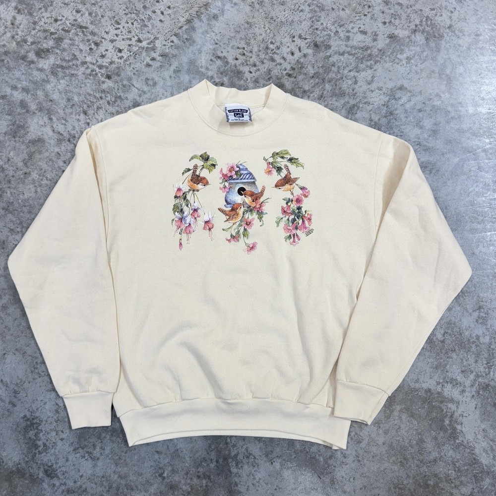 Vintage Lee Sweatshirt Womens Large White Birdhouse Floral Graphic Made USA 90s