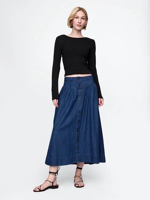 Gap Denim Western Yoke Midi Skirt 12 31 Dark Wash Cottagecore Rodeo Boho pockets