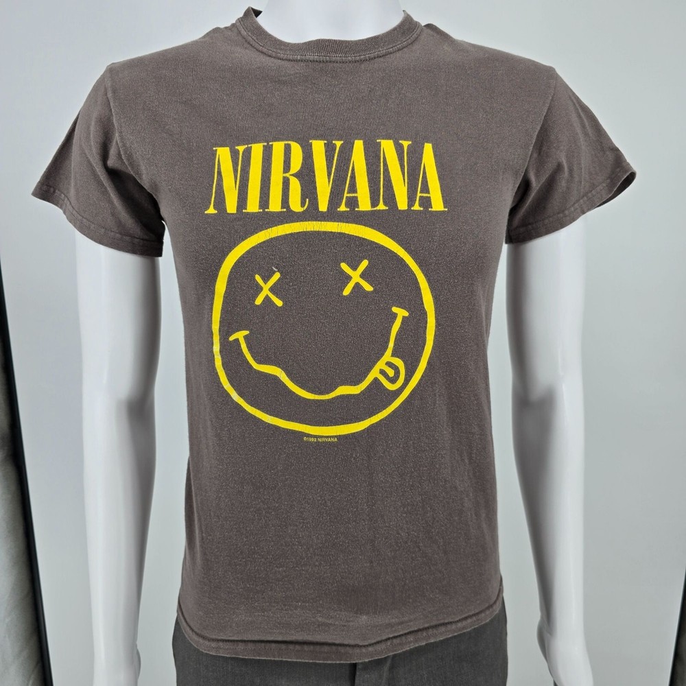 2000s Gildan Heavy Cotton Nirvana Smiley T-Shirt in Brownish-Gray Size XS