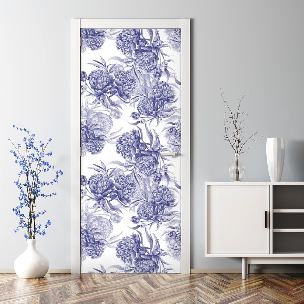 Blue Peonies flower Adhesive Door sticker Watercolour abstract painting adhesive