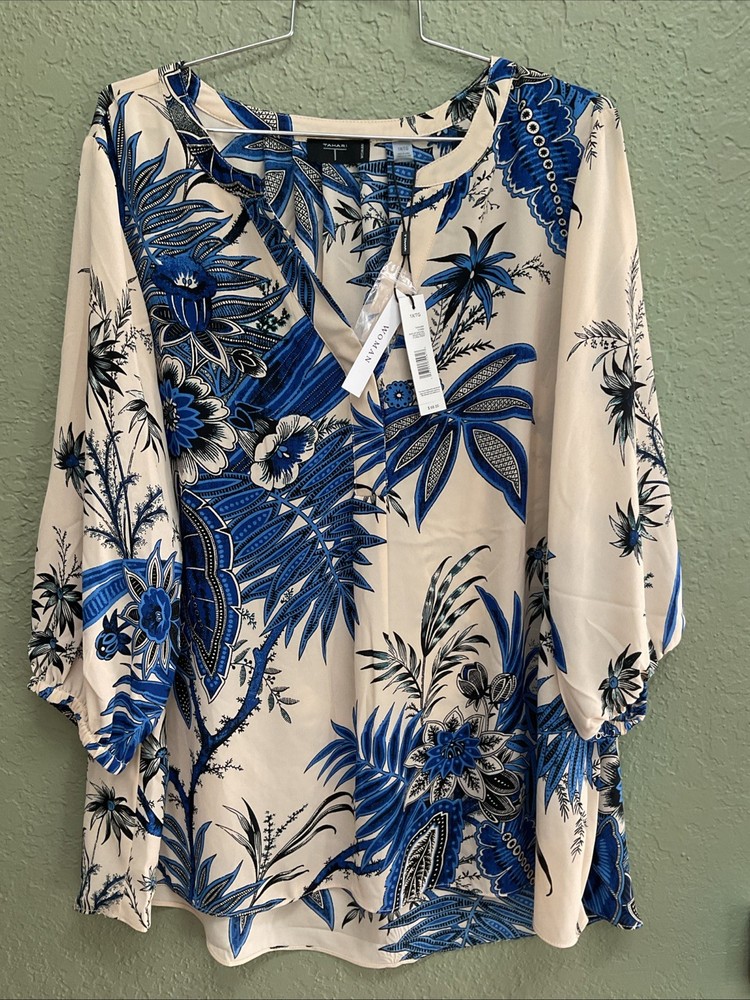 NEW NWT Tahari Blue Ivory Black Floral V-Neck Long Sleeve Tunic Blouse Womens 1X