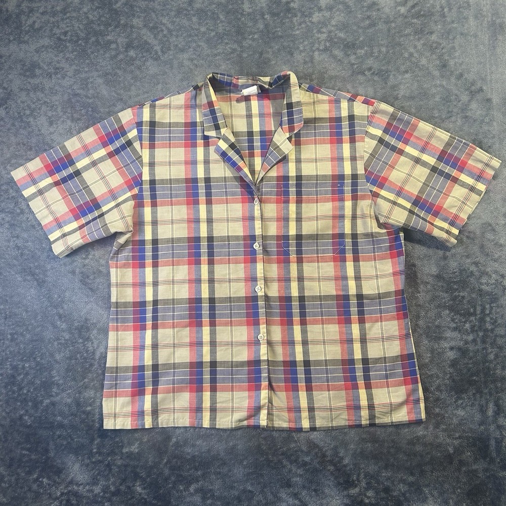 Vintage Koret Women's Plaid Short Sleeve Shirt Linen Blend Size M Made In U.S.A