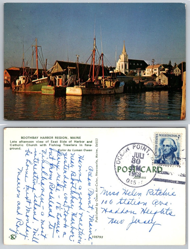 Vintage 1968 Boothbay Harbor Maine Fishing Trawlers Catholic Church Postcard