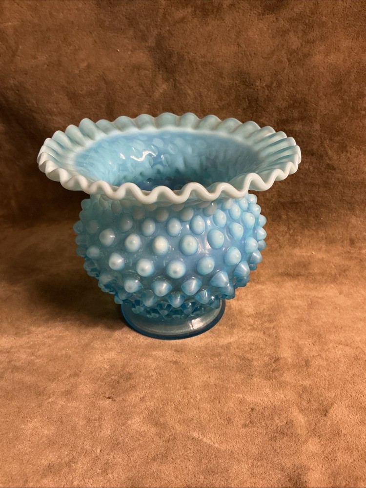 Vintage 1950s Fenton art glass blue opalescent crimped edge vase number Two