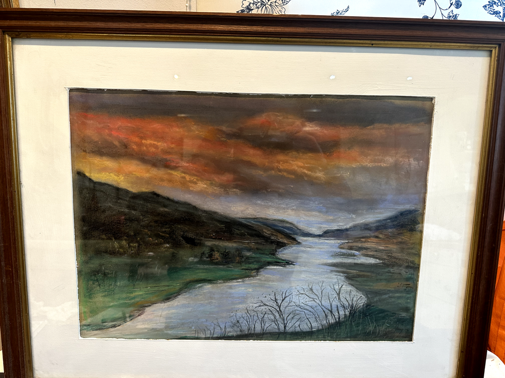 Enchanting Original Pastel Picture Pink Sunset over Mountain River / Lakes -