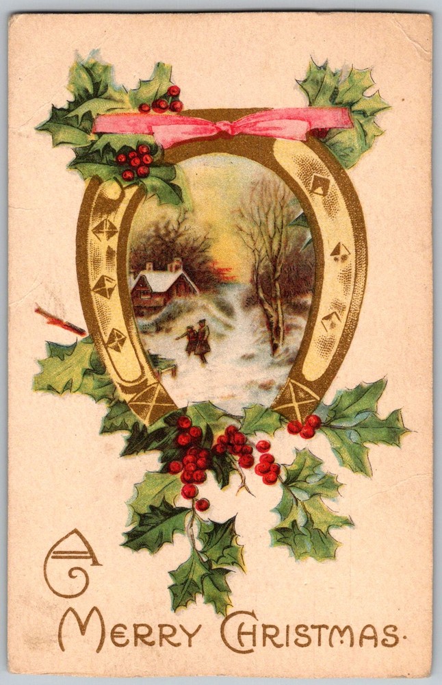 Antique Postcard Horseshoe Wreath Christmas Bury, Quebec, CA 1910s