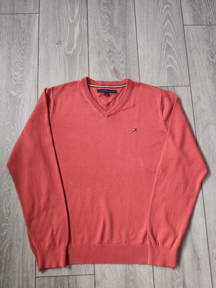 Tommy Hilfiger Men’s Red V-Neck Jumper Size M Sweater Pullover Long Sleeve