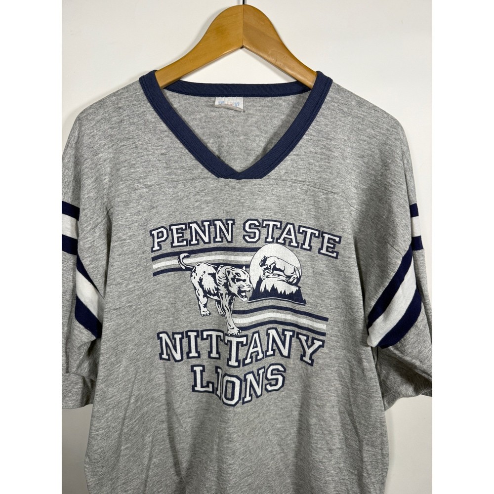 Vintage Penn State Nittany Lions TNT Jersey T-Shirt Gray Navy V-Neck Mens XL