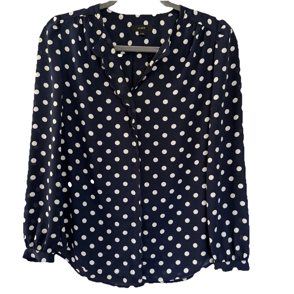 J Crew Polka Dot Blouse Womens XS Navy Scalloped VNeck Long Sleeve Office Career