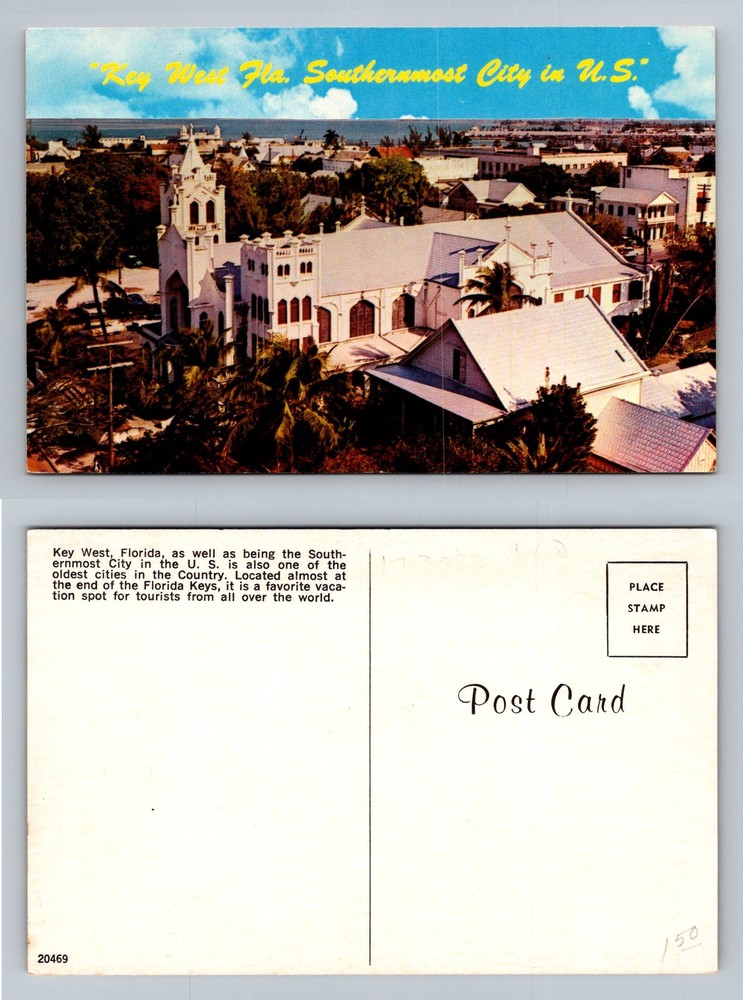 Key West, FL-Florida, Southernmost City Bird's Eye Skyline View Vintage Postcard