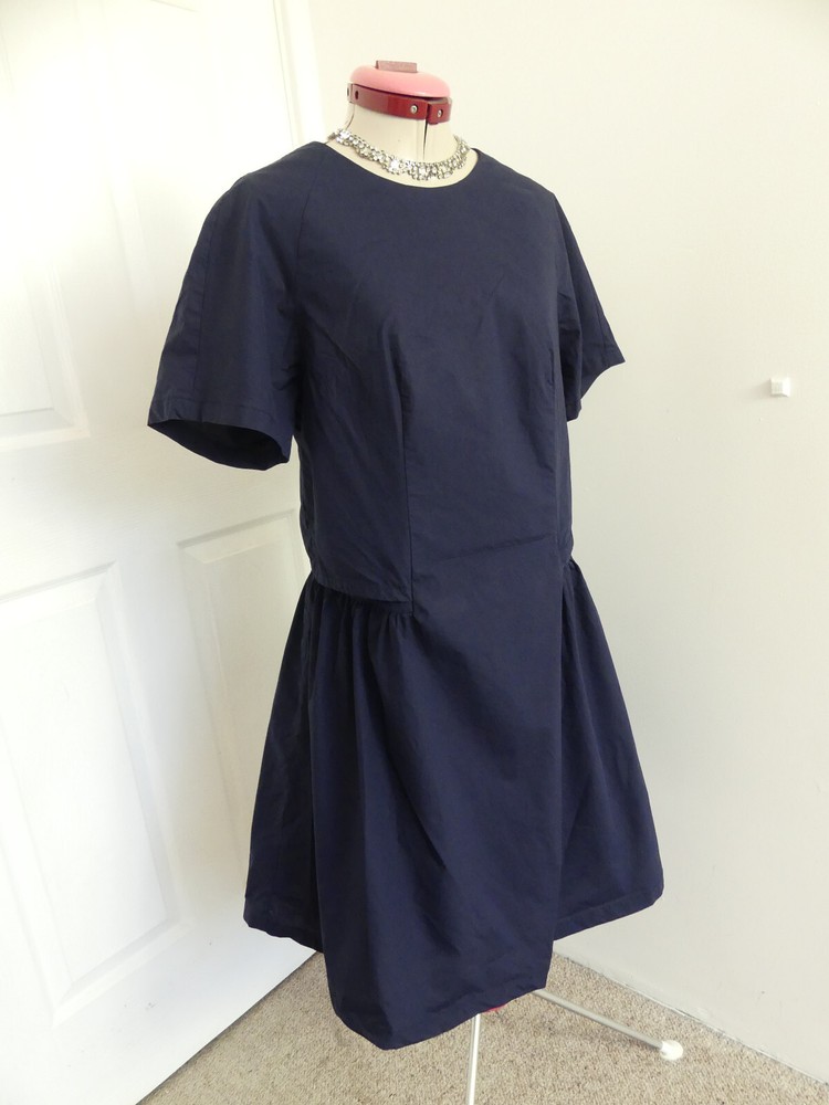 WHITE TEA Navy Blue DRESS Size M 12 Overlay Casual Travel Tourist Elegant Retro