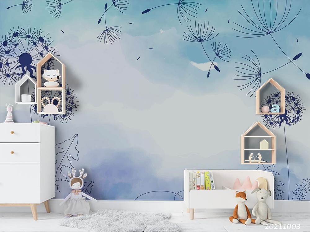 3D Watercolor Blue Dandelion Wall Murals Wallpaper Murals Wall Sticker