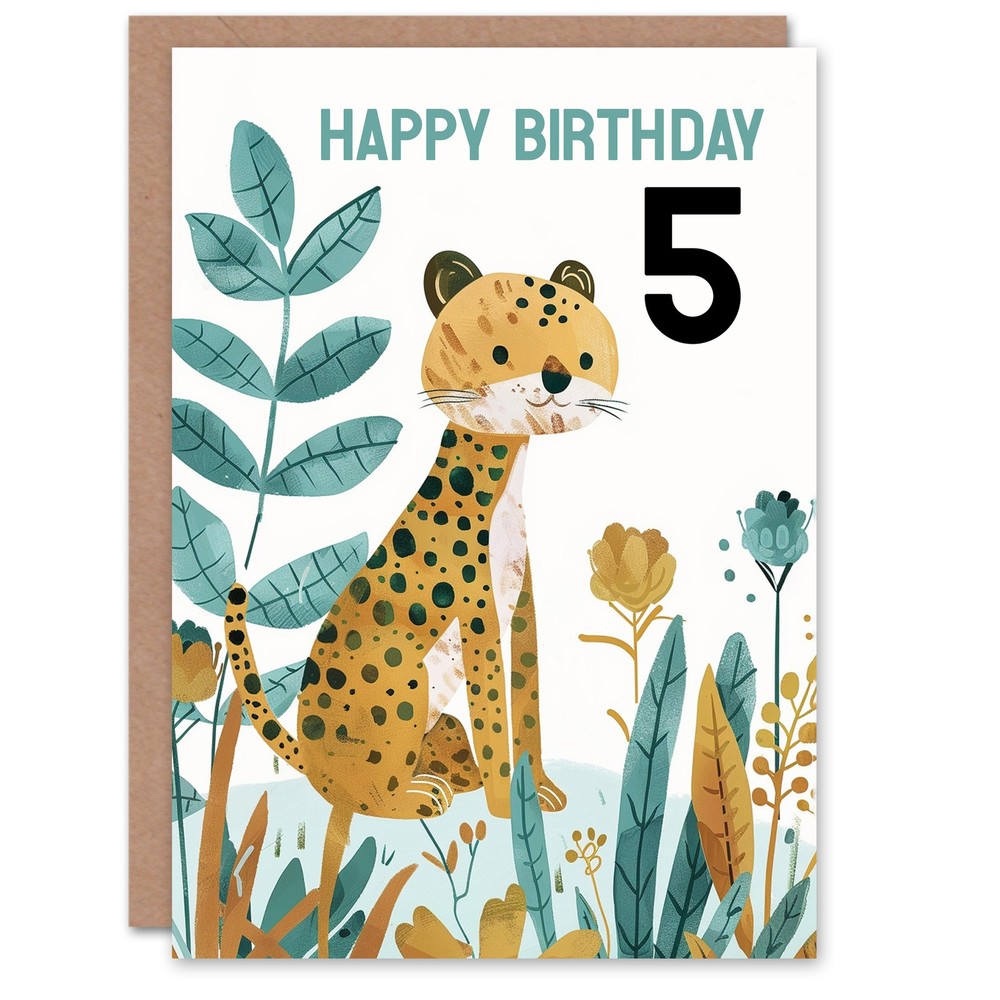 5th Birthday Card Cute Cheetah Jungle Plants Fun Kids Age 5 Year Old Child