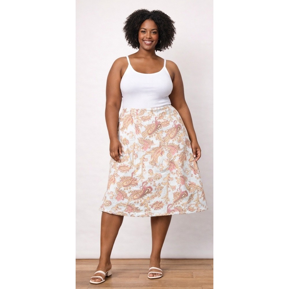 Tommy Hilfiger Women's Size 18 Blue Pink Paisley Linen Blend Midi Skirt