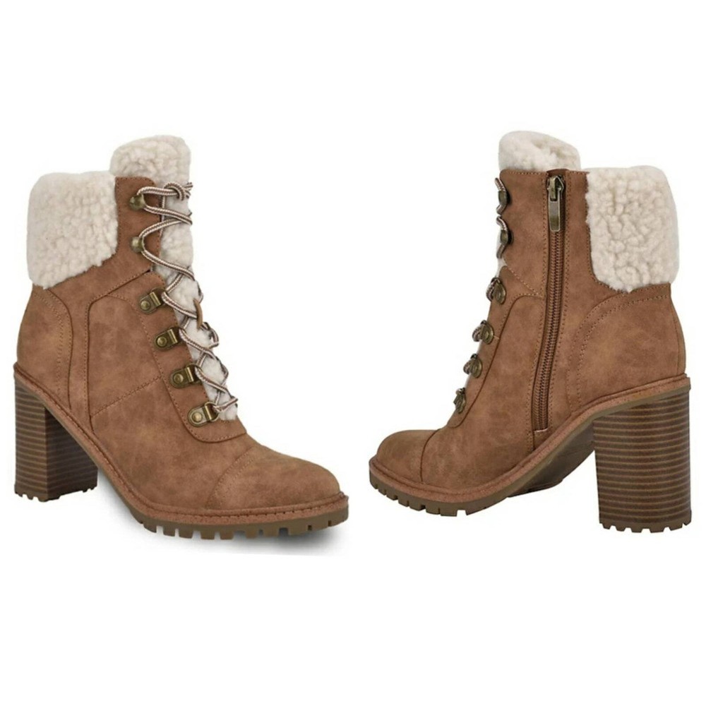 NEW NINE WEST Boots Chunky Heel Size 9.5 Ankle Combat Sherpa Faux Vegan Leather