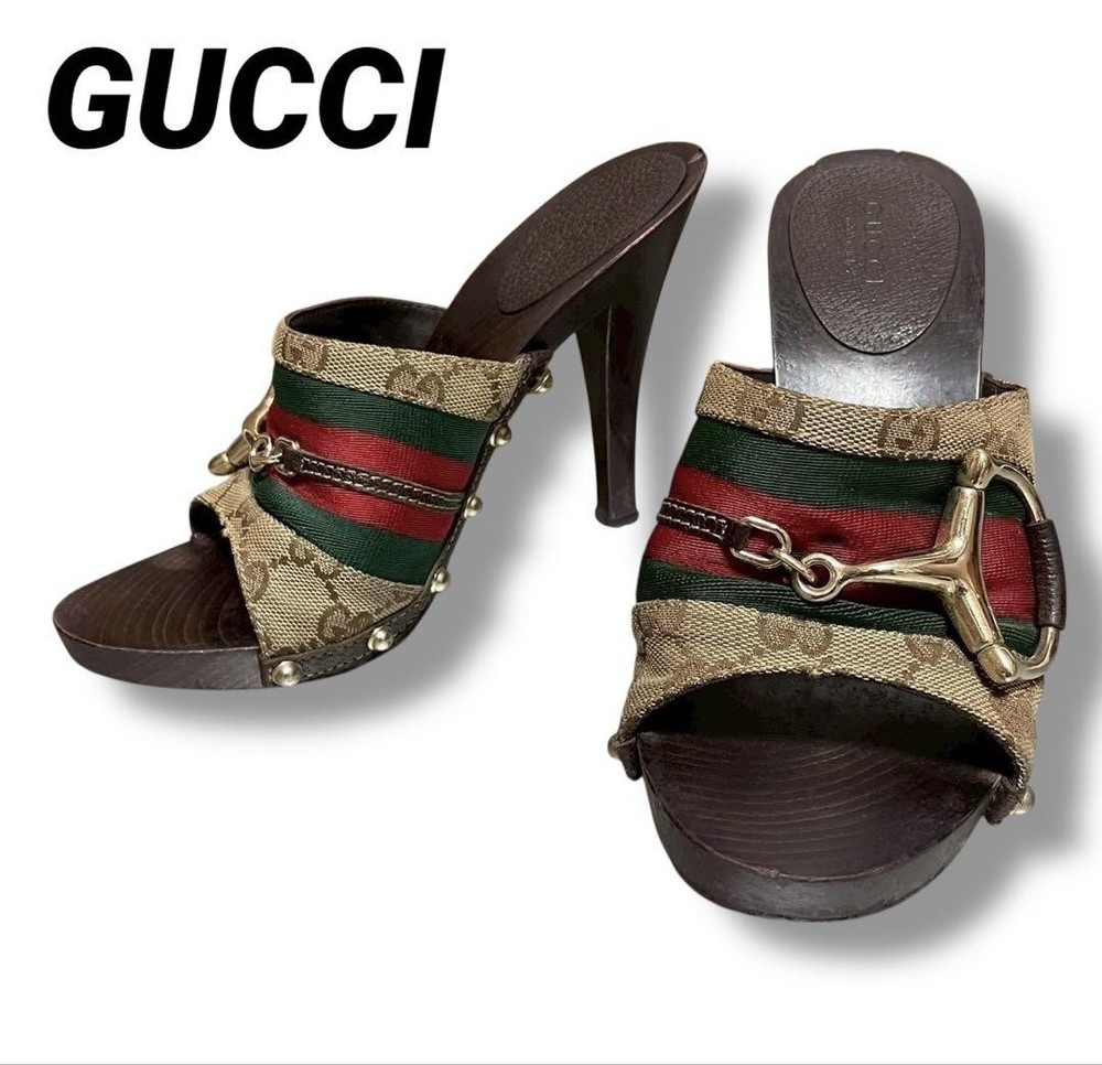 Gucci Women's Size 35 Brown Green Gold Heel Mule Sandals Ag1132 Pre-Owned