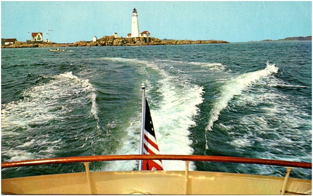 Boston Light House from Yacht Stern Massachusetts MA 1960s Chrome Postcard
