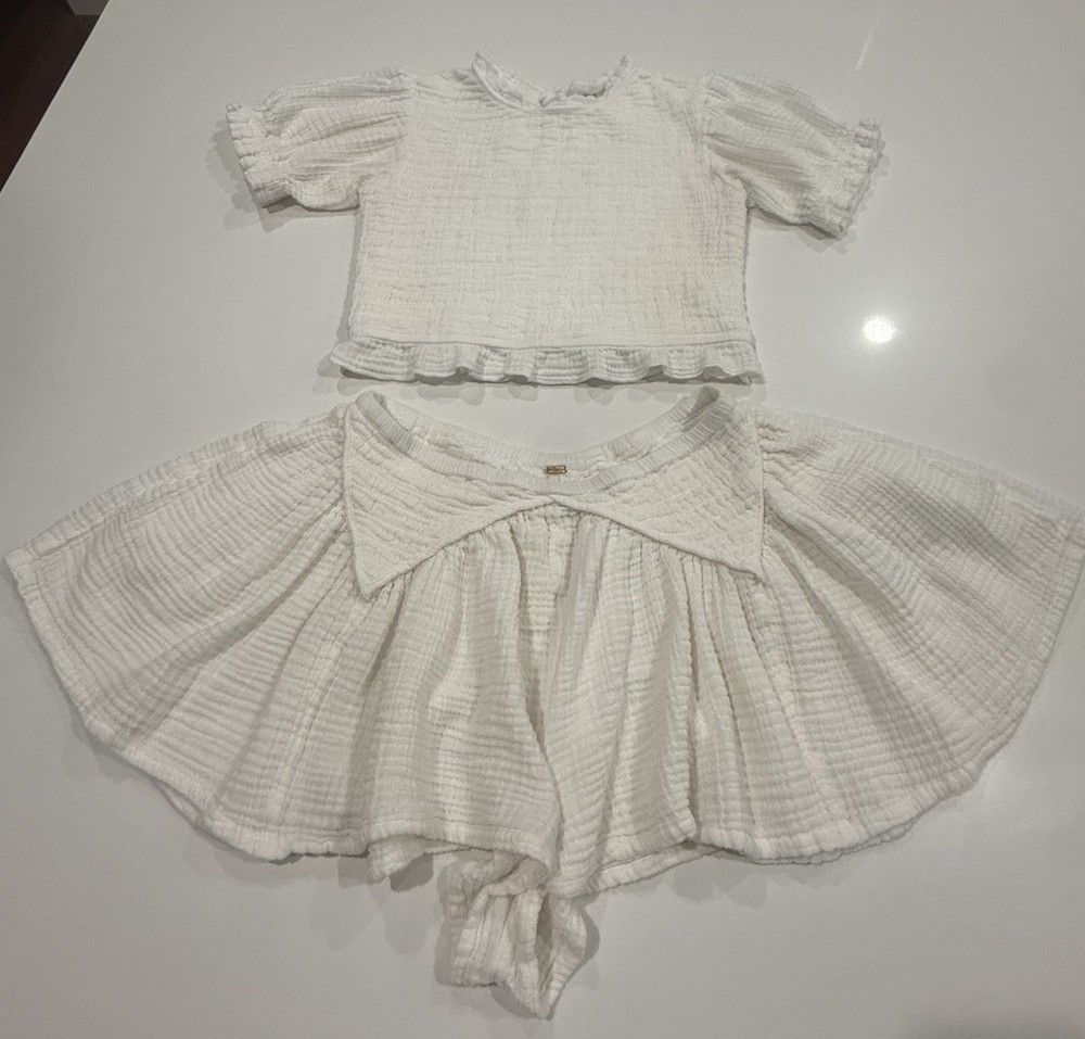 Free People Sight to See Ivory Smocked Puff Sleeve Top & Skort Set Size M