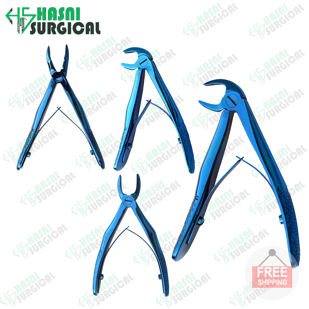 4-Piece Pediatric Extracting Forceps Set – Blue Titanium Coated Dental Tools