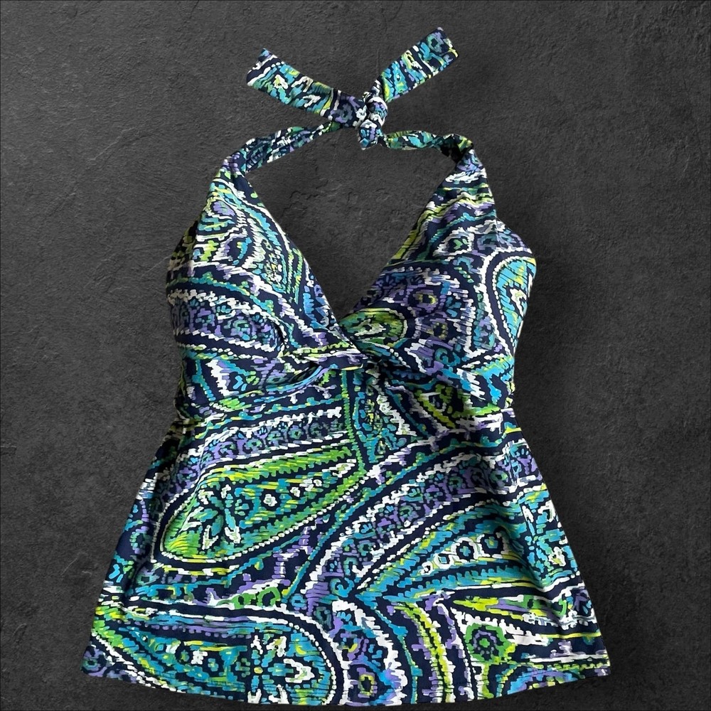 Lauren Ralph Lauren Paisley Halter Tankini Swim Top 8 Twist Front Blue Green