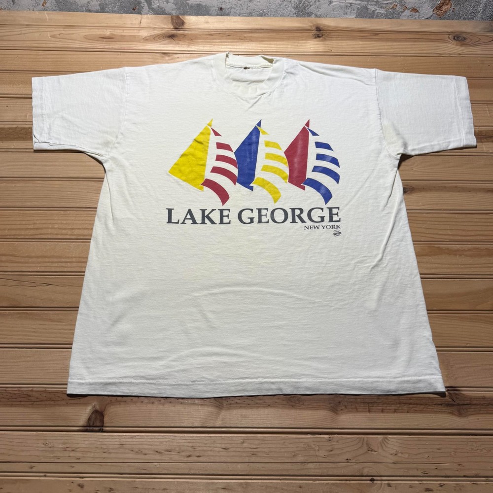 Vintage 90s Lake George New York Sailing Sailboat Nautical Graphic T-Shirt Large