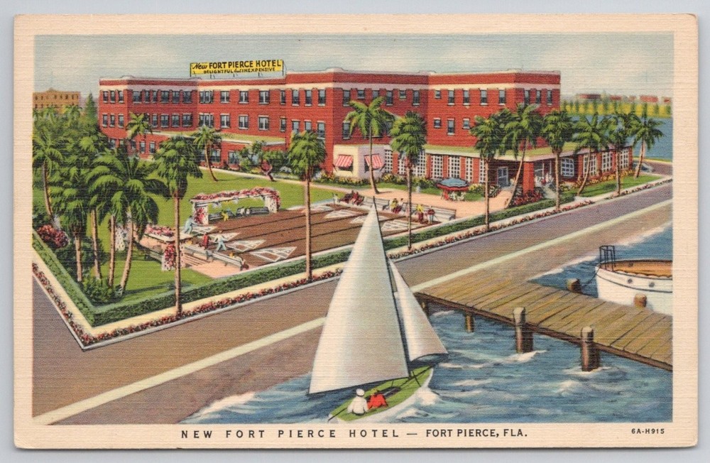 New Fort Pierce Hotel, Florida Vintage Linen Postcard, 1930s Postmarked