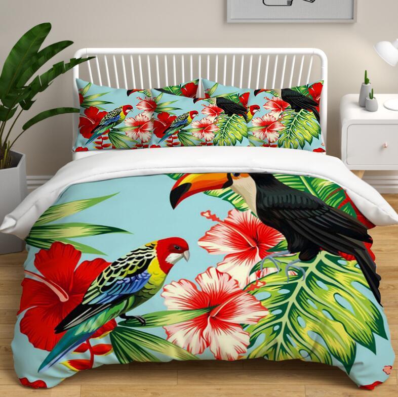 Tropical Toucan Flower Duvet Quilt Cover Queen King Comfortable Bedding Set