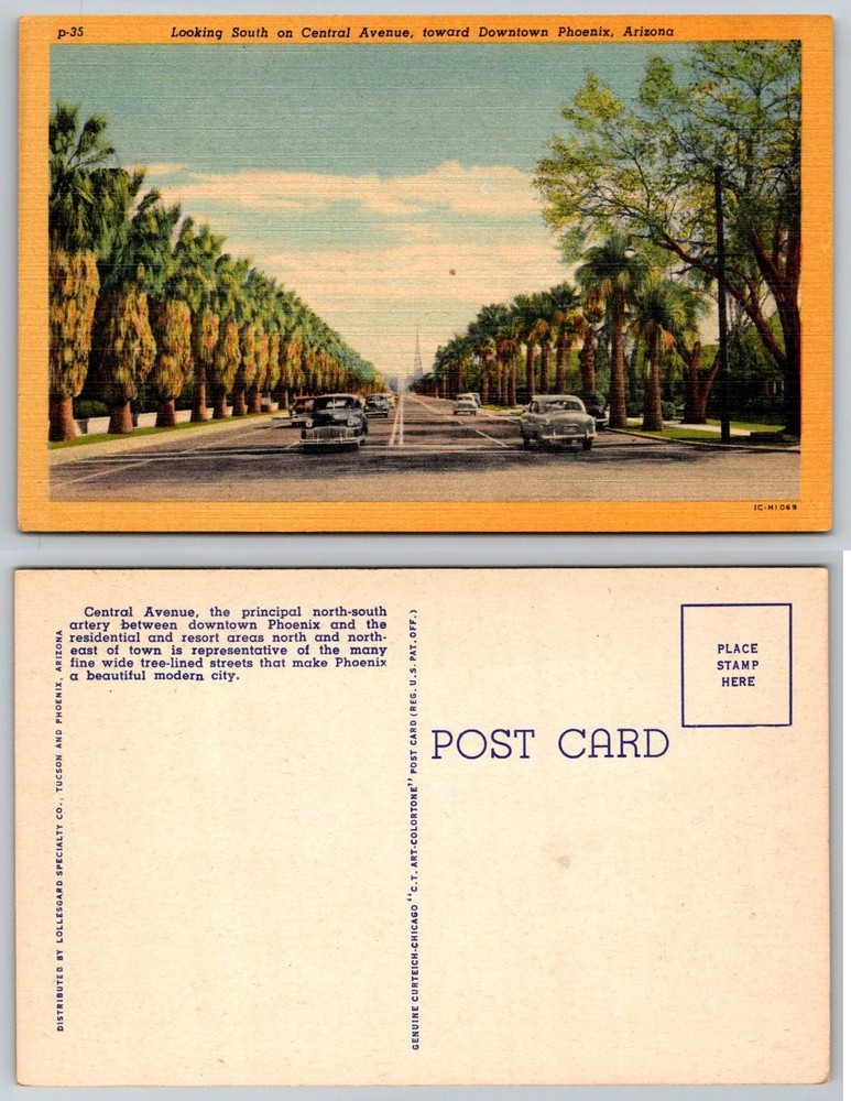 Phoenix AZ Central Avenue Palm Trees Cars Curteich Art-Colortone Postcard