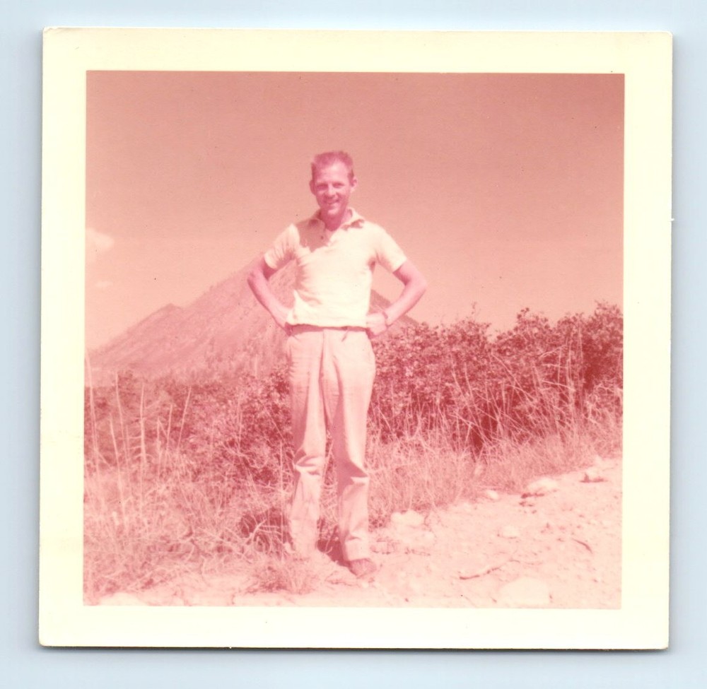 Old Vintage Square Color Photo SOLO MAN STANDING BY MOUNTAIN SNAPSHOT PIC