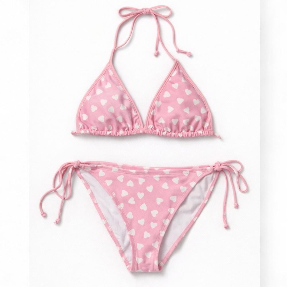 VTG 05 Victoria’s Secret Bikini Set Pastel Pink All Over White Hearts M