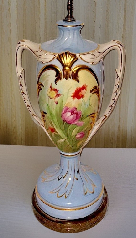 Porcelain Urn Tulip Carnation Table Lamp Artist Signed Gilt Trimmed with Handles