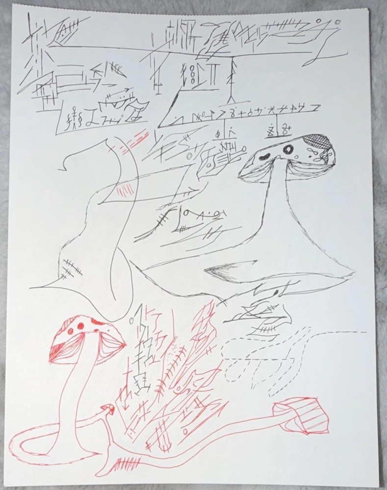 Original Small Abstract Pen & Ink Drawing on Paper - Mushrooms, Unframed