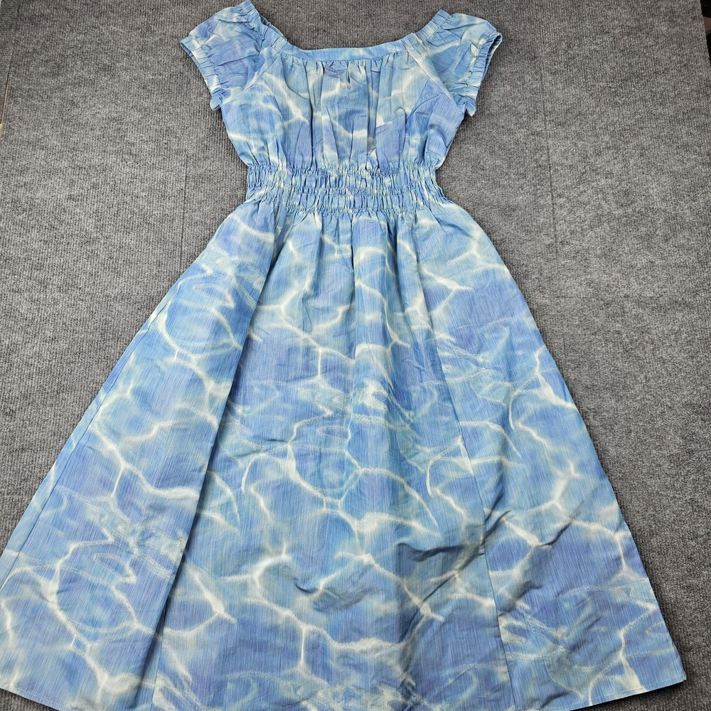 Ann Mashburn Dress Womens Medium Blue Water Smocked Waist A Line Midi Preppy
