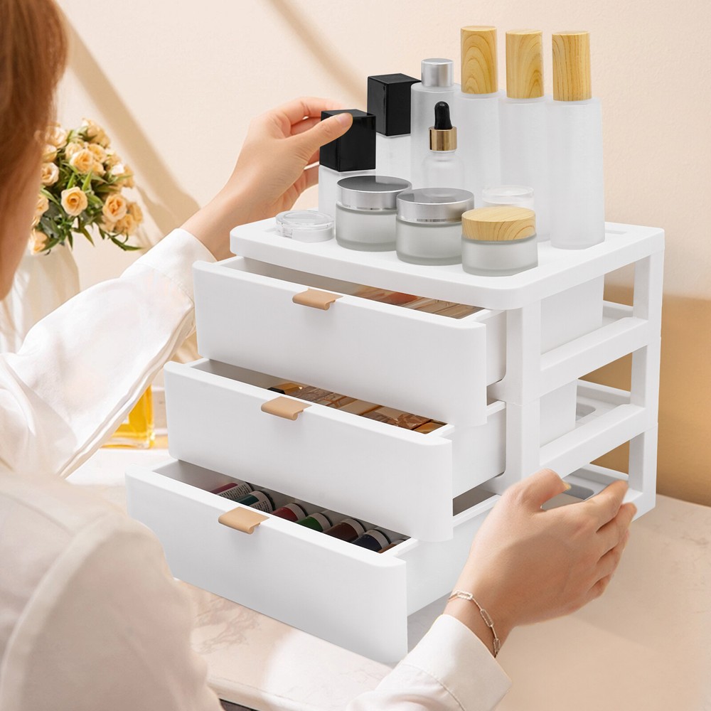 Desktop Storage Box 3-layer Jewelry Box Desk Organizer W/ Drawer Organizer Box
