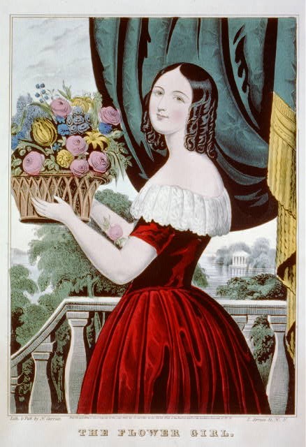 The flower girl,c1845,Currier & Ives,Photograph,red dress,curled hair