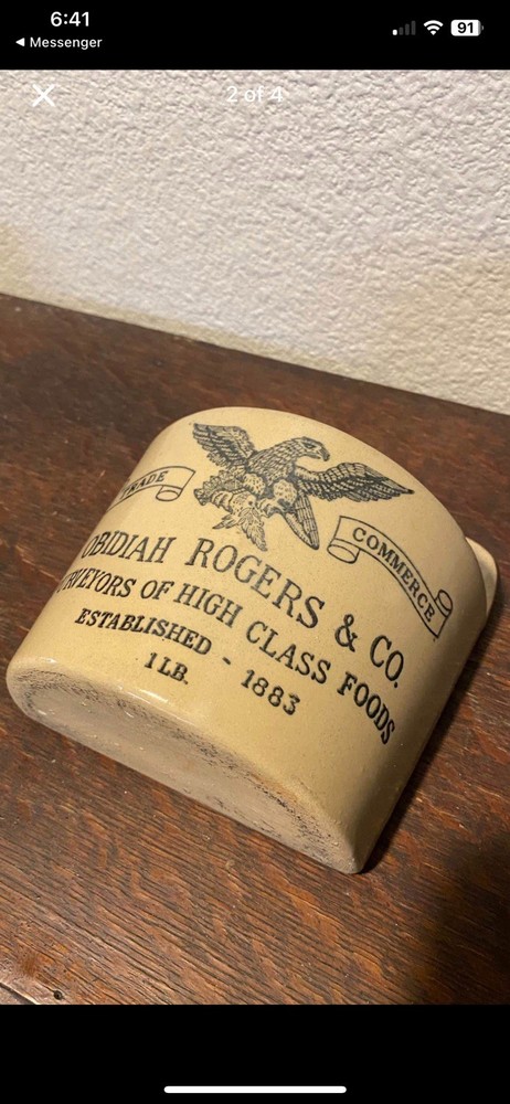 Salt Box Crock Marked OBIDIAH ROGERS & CO 1883 Eagle Stamp