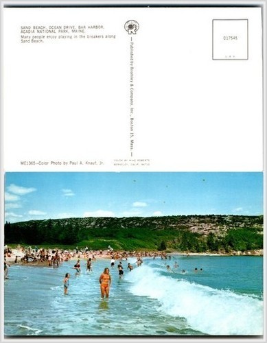 Acadia Natl Park ME: Sand Beach Ocean Drive Scene 1950s Postcard Crowd-image