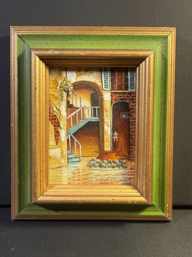 Vintage Framed Oil Painting of Courtyard Scene