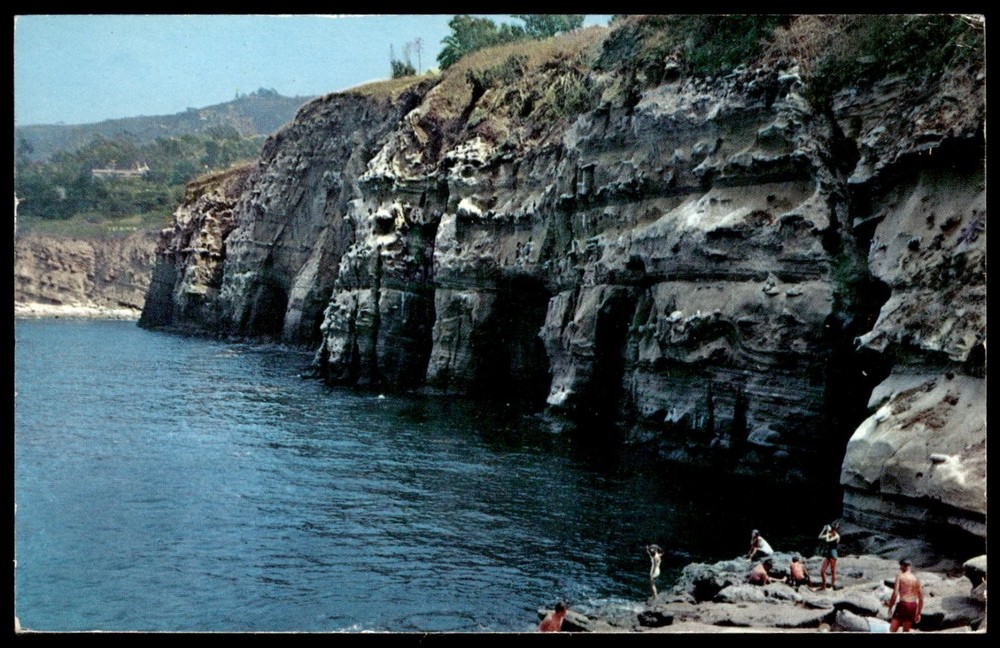 1961 La Jolla Seven Caves Postcard California Coastal Cliffs & Swimmers Vintage