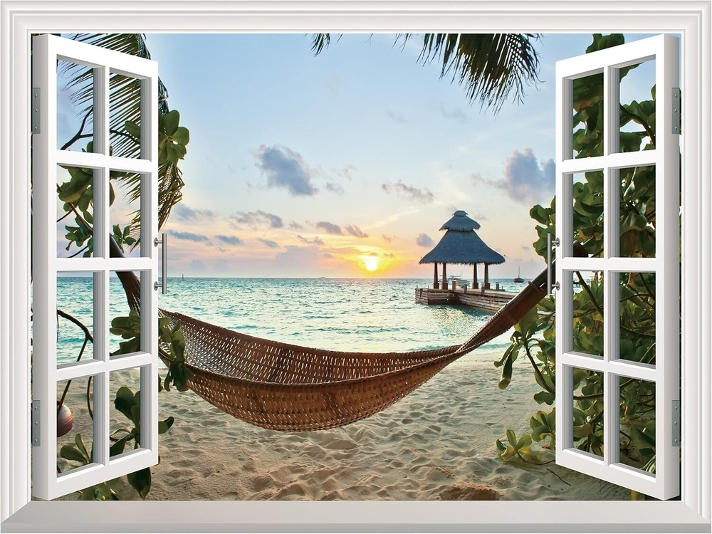 FLFK Fake Window Wall Sticker - Sunset Beach Faux 16