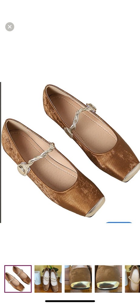 Ladies Comfort Satin Velvet Brown Gold Square Toe Mary Jane Flats Size 9/9.5