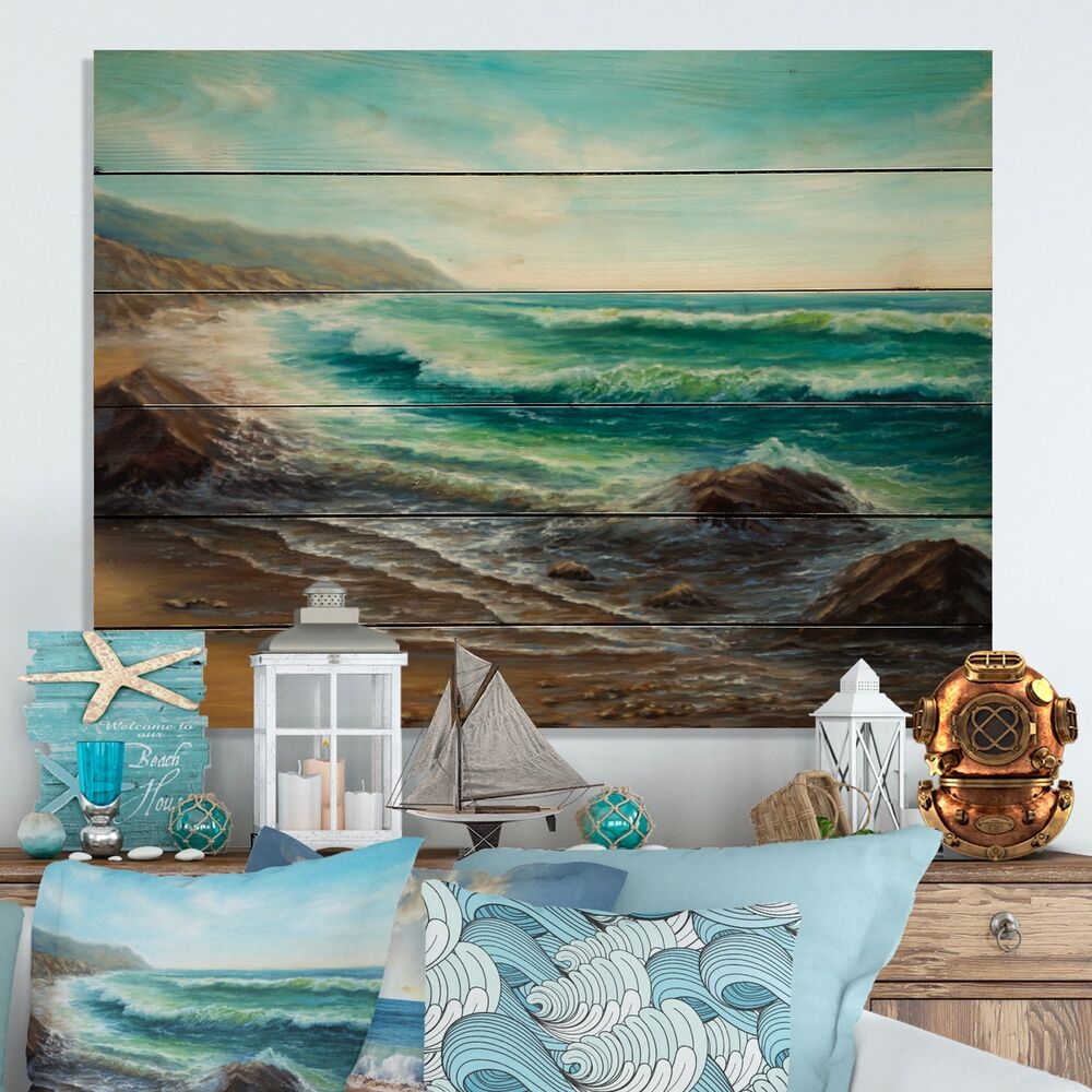 Designart 'Wild Blue Ocean Waves III' Nautical & Coastal Wood Wall Art -