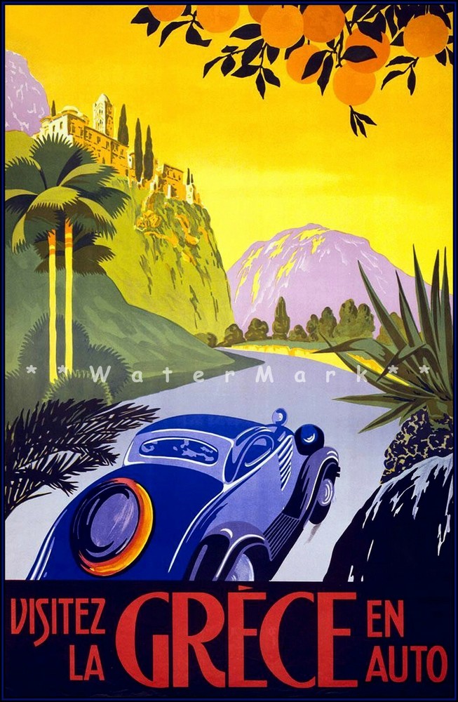 Vintage 1930 Greece Travel Poster Retro Car Tourism Art Print  