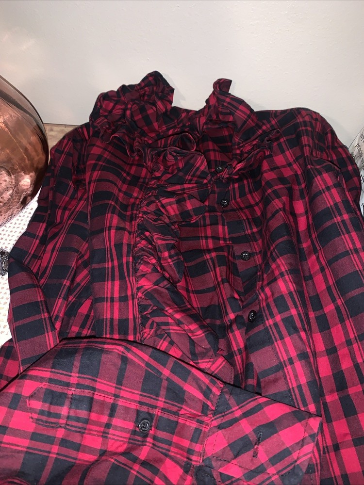 Lauren Ralph Lauren Womens Blouse Ruffle Long Sleeve Button Red/Black Plaid S