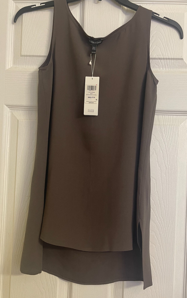 NWT $218 Eileen Fisher Cobblestone Silk Georgette Bateau Neck Long Shell XXS