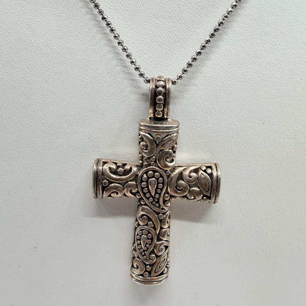Vintage Silver Tone Bali Filigree Cross Pendant Necklace Retro Gothic Boho